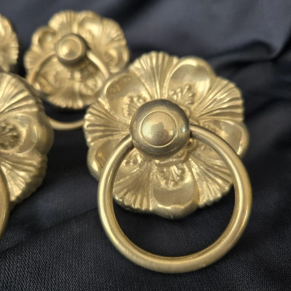 Lot of 6 Silvertone Ornate Floral Backplate w/ Central Drop Ring Drawer Pulls